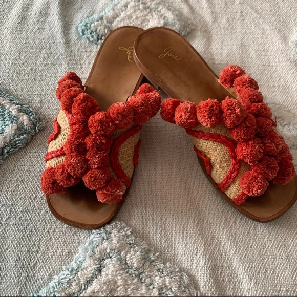 Joie Shoes - Joie Leather Raffia Pom Sandal Revolve 38